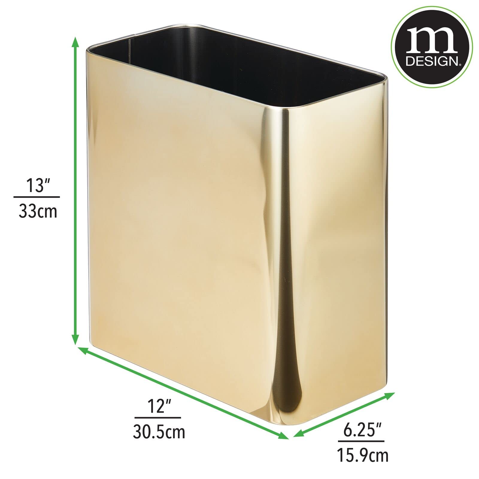 mDesign Stainless Steel Slim Rectangular Modern Metal 2.6 Gallon/10 Liter Trash Can Wastebasket, Garbage Container Bin for Bathroom, Bedroom, Kitchen, Home Office; Holds Waste, Recycling - Soft Brass