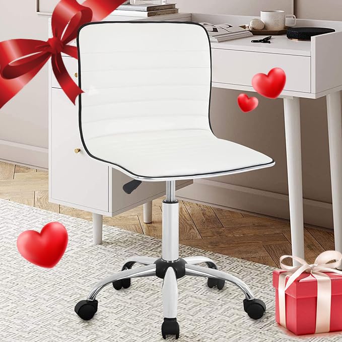 Pazidom Low Back Desk Chair Armless Leather Swivel Office Chair Adjustable Computer Task Chair, Vanity Chair for Makeup Room/Bedroom, White