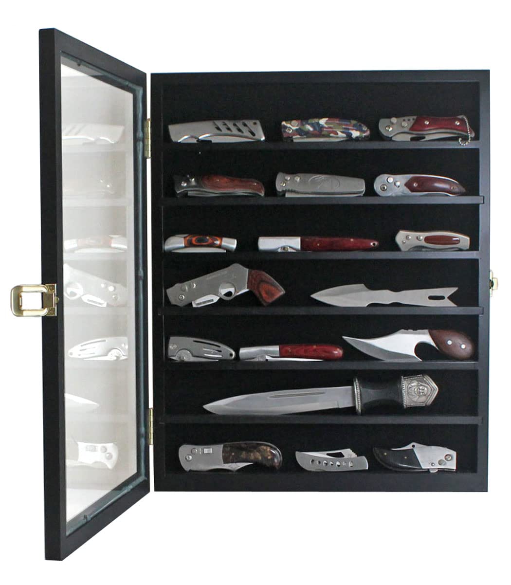 DisplayGifts Knife Display Case Pocket Knife Display Case for Wall Stand Military Folding Knife Shadow Box Knife Enthusiast Collectibles with 98% UV Protection Lockable Black Finish