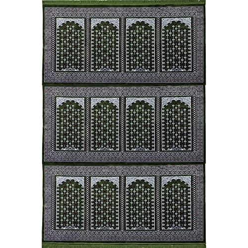 Modefa Turkish Islamic Prayer Rug - Large Group Praying Carpet - Wide Plush Velvet Salah Mat - Multi Person Muslim Janamaz Sajada for Family or Mosque - 12 Person (Vined Arch Green/Red)