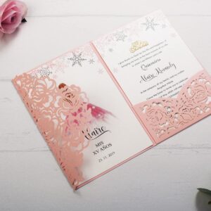 KUCHYNEE 50PCS Pink Customized Quinceanera Invitation Cards with Envelopes 5x7.3 Inch Laser Cut Hollow Rose Pocket with Ribbon invitations for Quincenera Birthday Invite