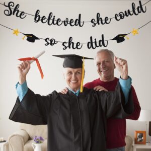 2024 Graduation Banner, Glittery She Believed She Could So She Did Banner Garland Photo Props Banner for Party Home Classroom Decorations… (Black)