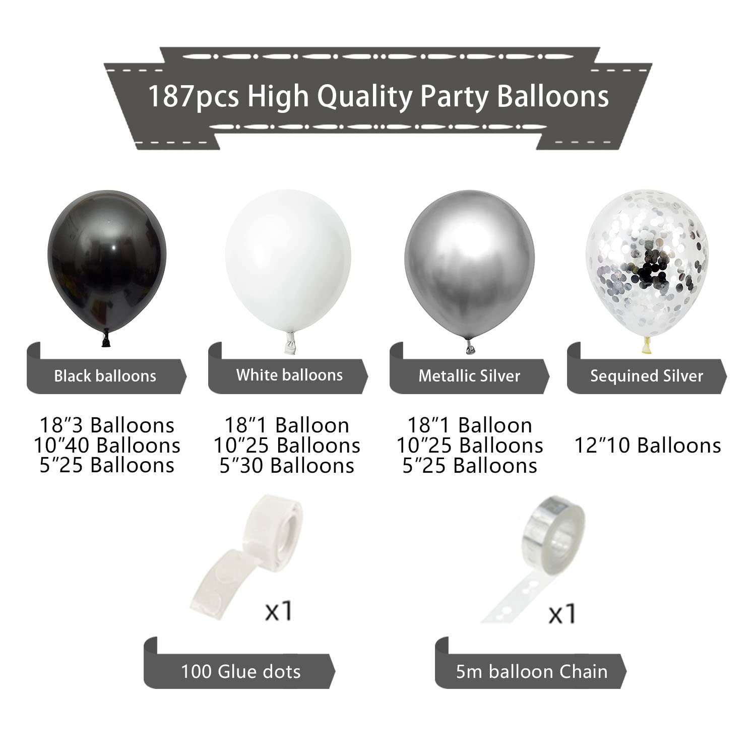 Holtour Black Metallic Silver White Balloon Garland Arch Kit 187PCS Balloons for Wedding Birthday Party Backdrop Decorations Halloween New Year Celebrate Decor