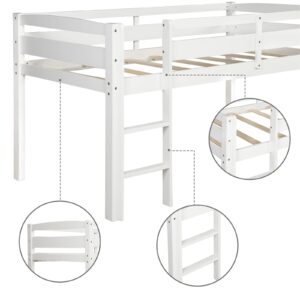 Bellemve Low Loft Bed Twin Size Wooden Loft Bed Frame with Ladder for Kids Girls Boys Teens, White