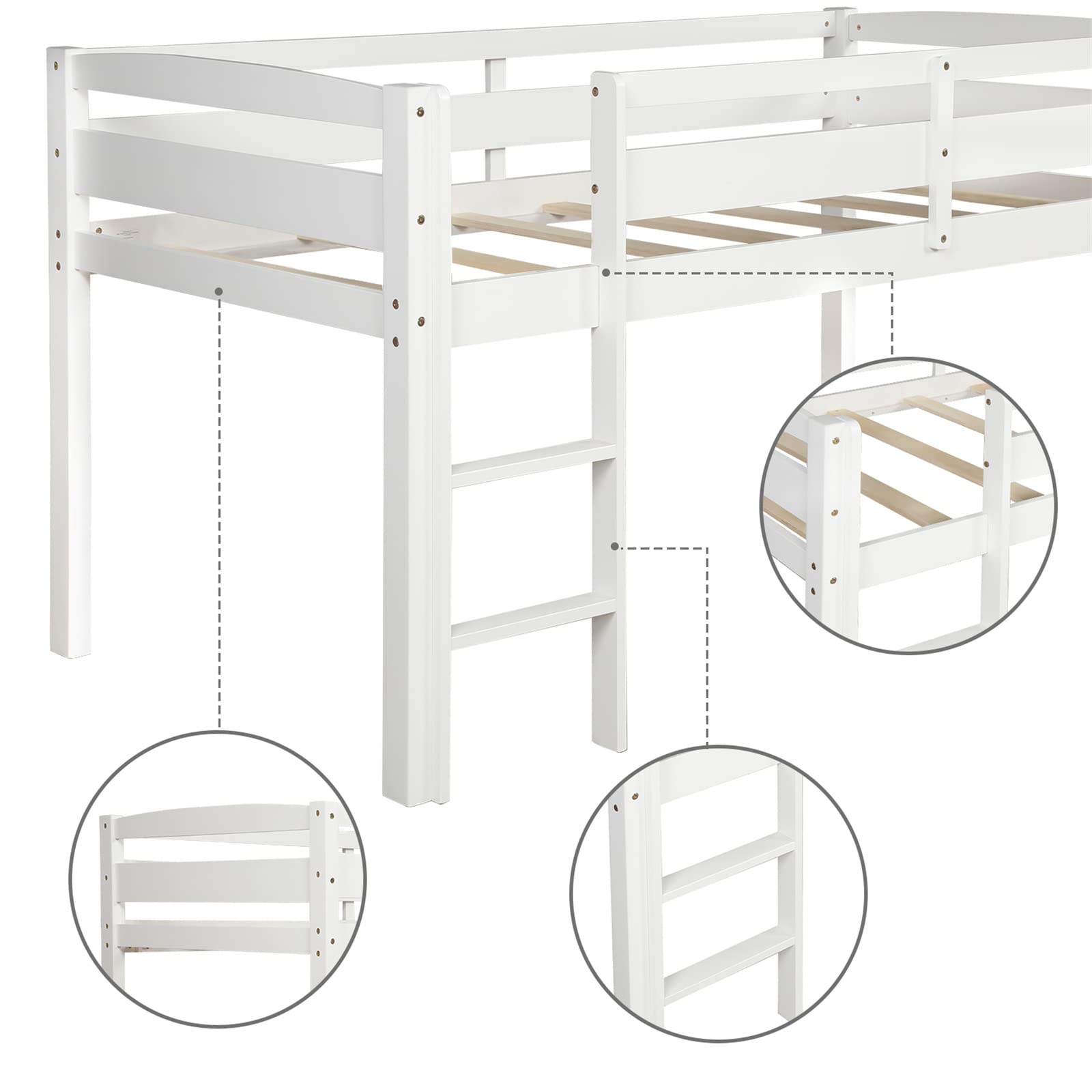 Bellemve Low Loft Bed Twin Size Wooden Loft Bed Frame with Ladder for Kids Girls Boys Teens, White