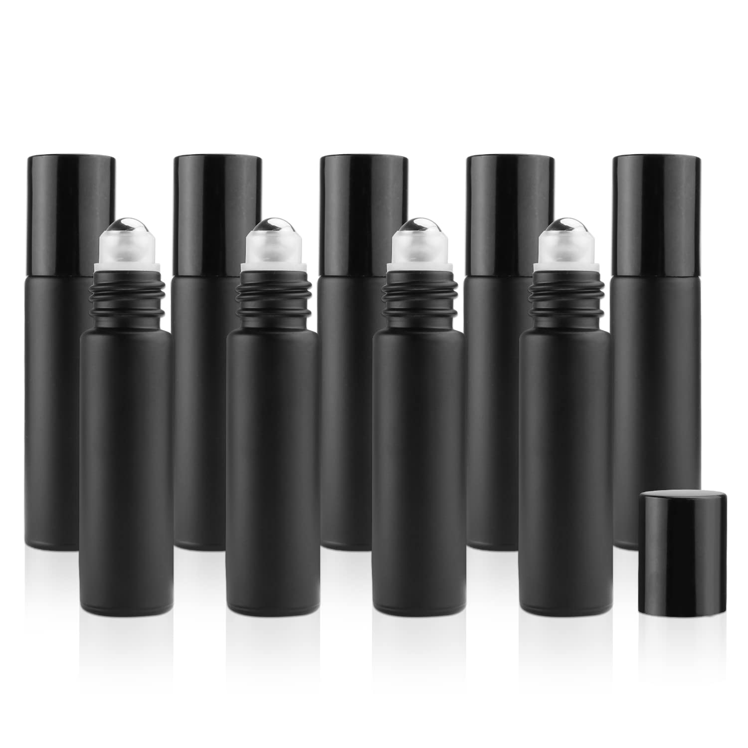 DMuuuDM 10Pcs 10ml Frosted Roller Bottle for Essential Oils,Empty Glass Roll-On Vials with Stainless Steel Roller Ball,Metal Lid Perfume Sample Oil Container-Opener&Dropper Included,Black