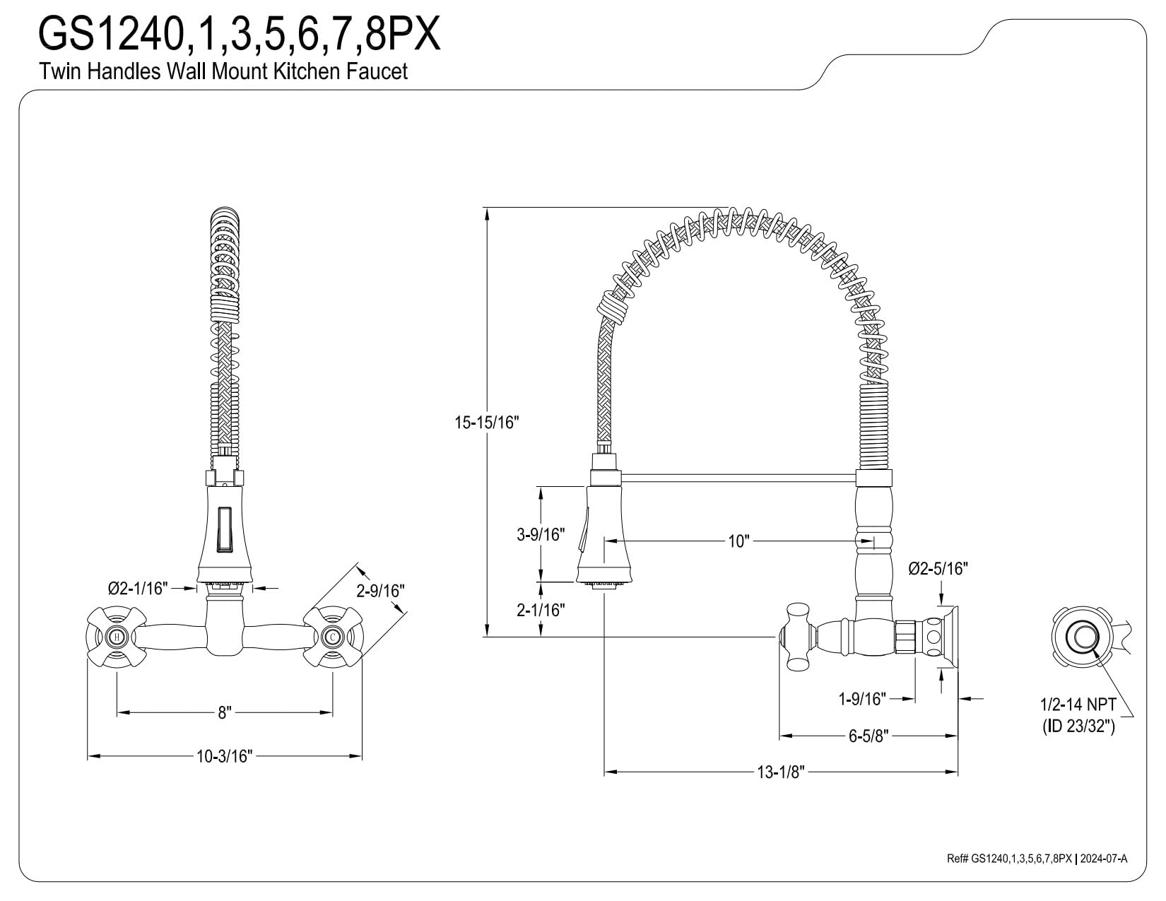 Kingston Brass GS1246PX Heritage Two-Handle Wall-Mount Pull-Down Sprayer Kitchen Faucet, Polished Nickel