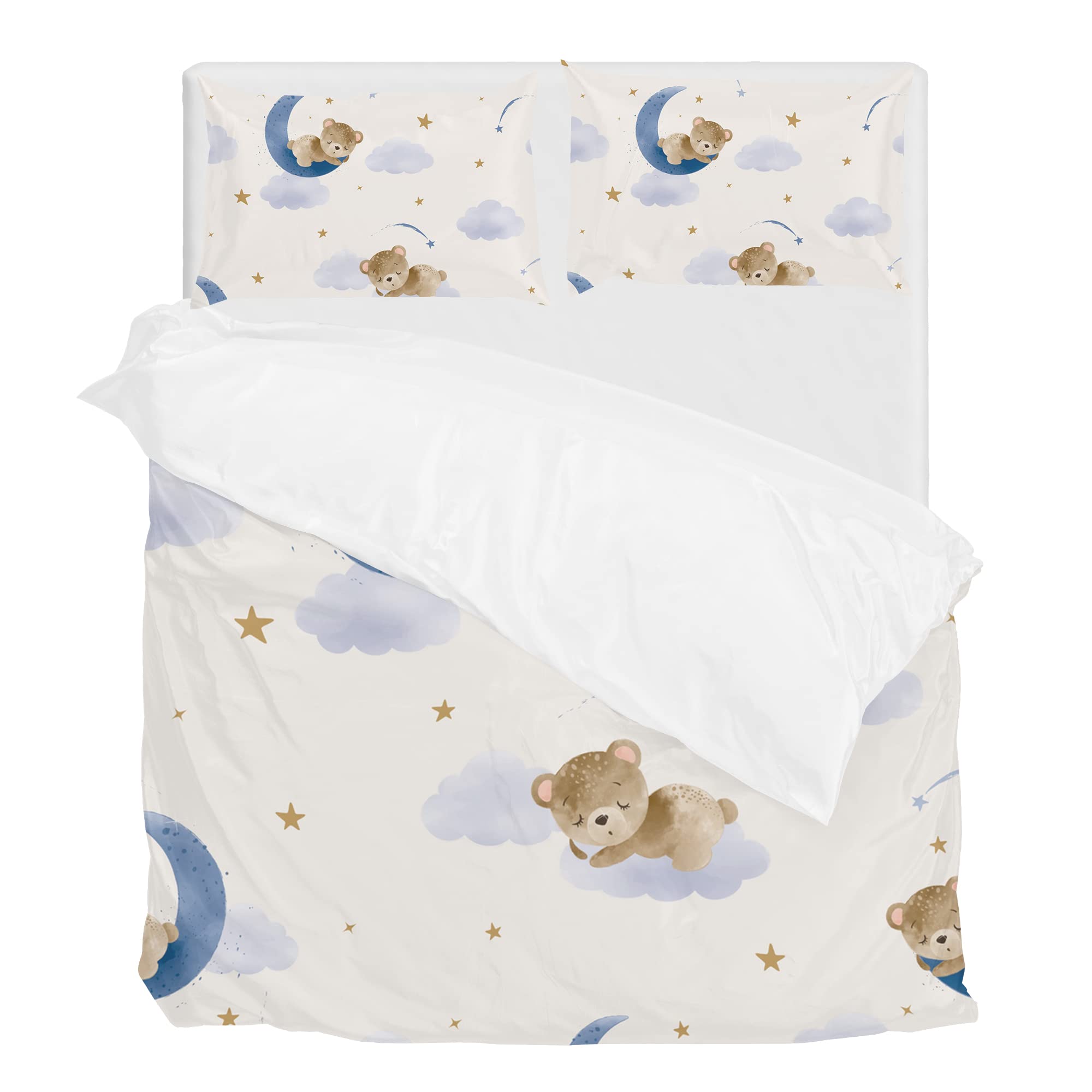 Bedding Sets Queen Size Teddy Bear Sleeping Duvet Cover Sets Soft Comforter Cover with 1 Duvet Cover and 2 Pillow Shams, Gifts for Girls Boys Teen (Without Comforter)