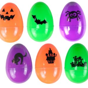 Iconikal 72-Count Halloween Eggs - Durable Plastic Holiday Treat Containers in Orange, Neon Green, and Purple Featuring 6 Different Fun Designs (2.3 x 1.6)