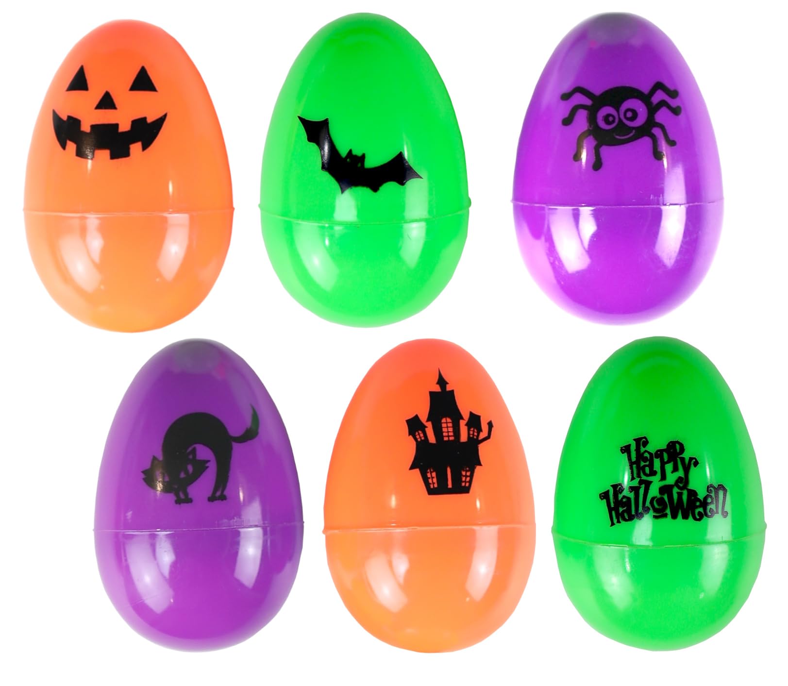 Iconikal 72-Count Halloween Eggs - Durable Plastic Holiday Treat Containers in Orange, Neon Green, and Purple Featuring 6 Different Fun Designs (2.3 x 1.6)