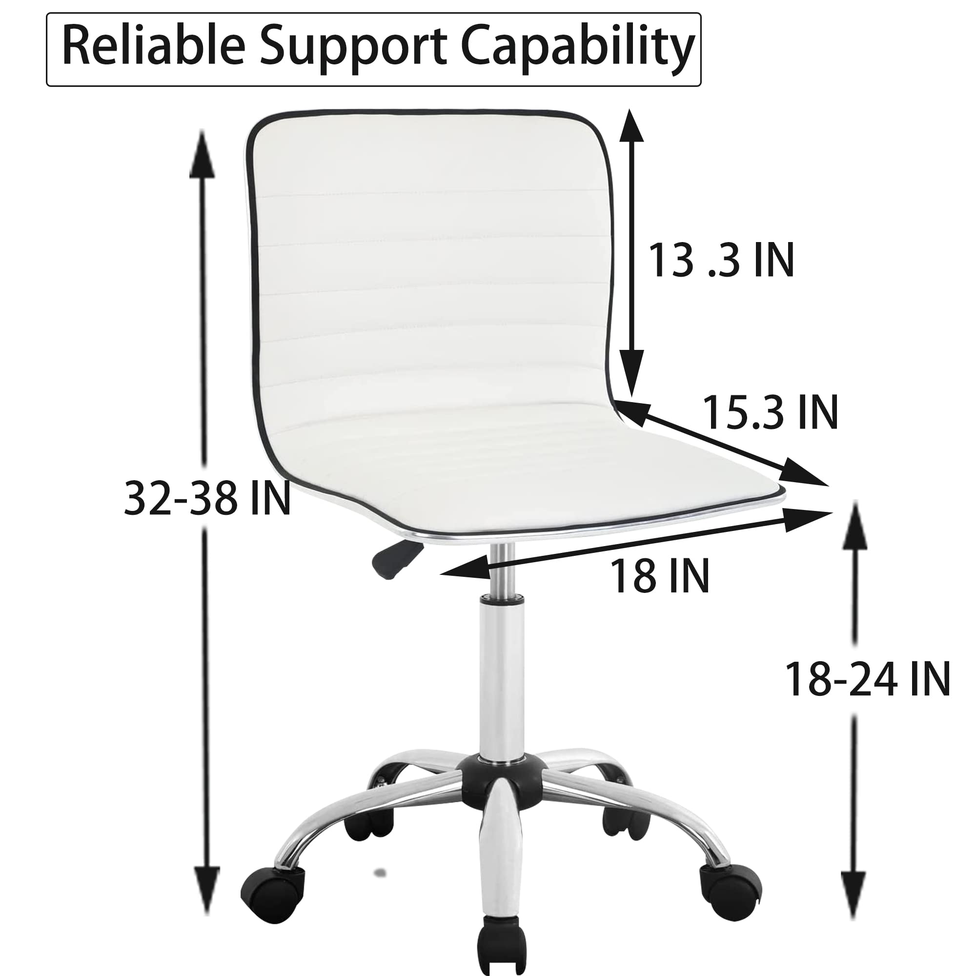 Pazidom Low Back Desk Chair Armless Leather Swivel Office Chair Adjustable Computer Task Chair, Vanity Chair for Makeup Room/Bedroom, White