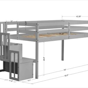 Bellemave Low Loft Bed with Stairs Twin Loft Bed with Storage Wood Bed Frame for Kids Teens Girls Boys, Gray