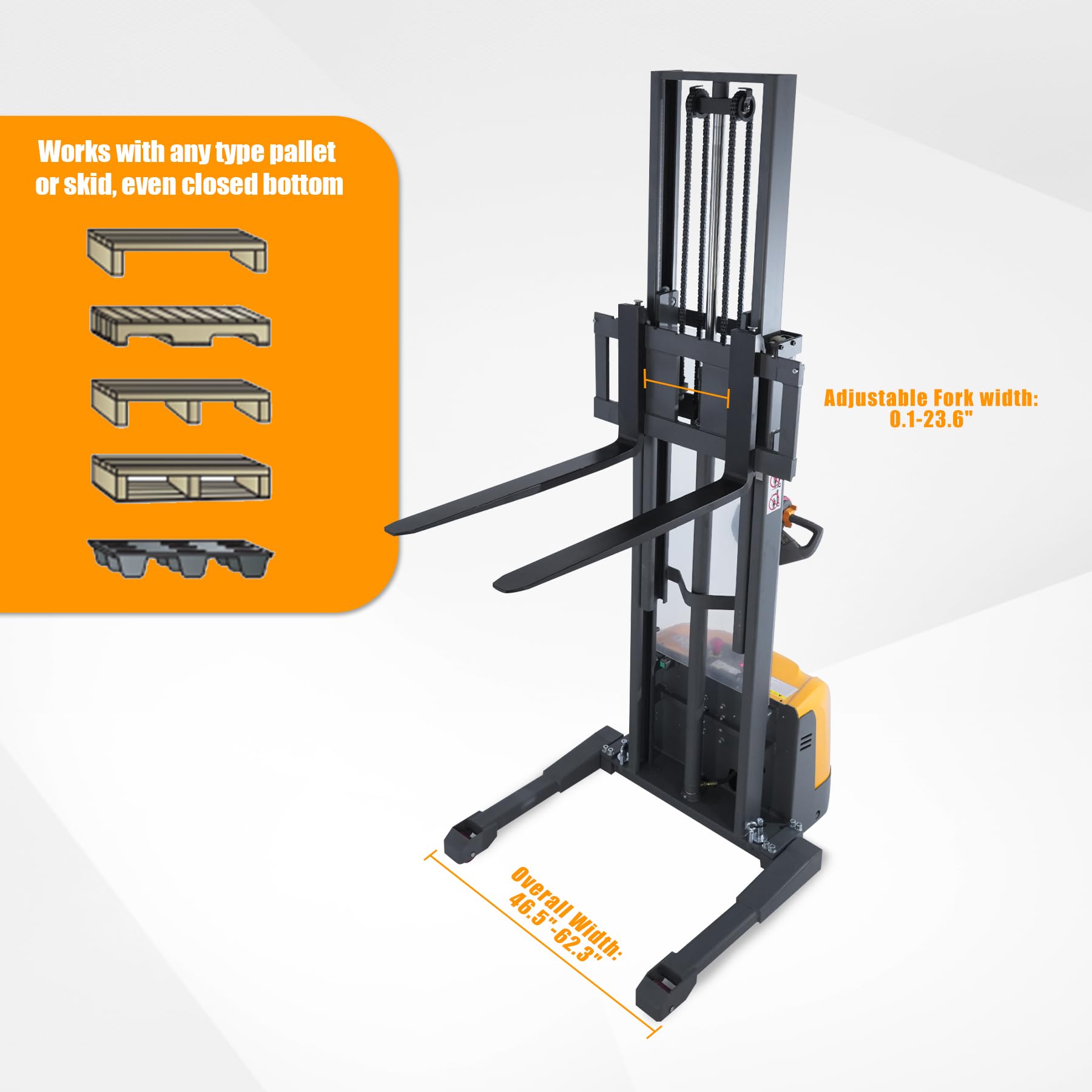 APOLLOLIFT Full Electric Pallet Forklift Lift Stacker with Straddle Legs 3300lbs Load Capacity 118inch Lifting Height with Adjustable Forks