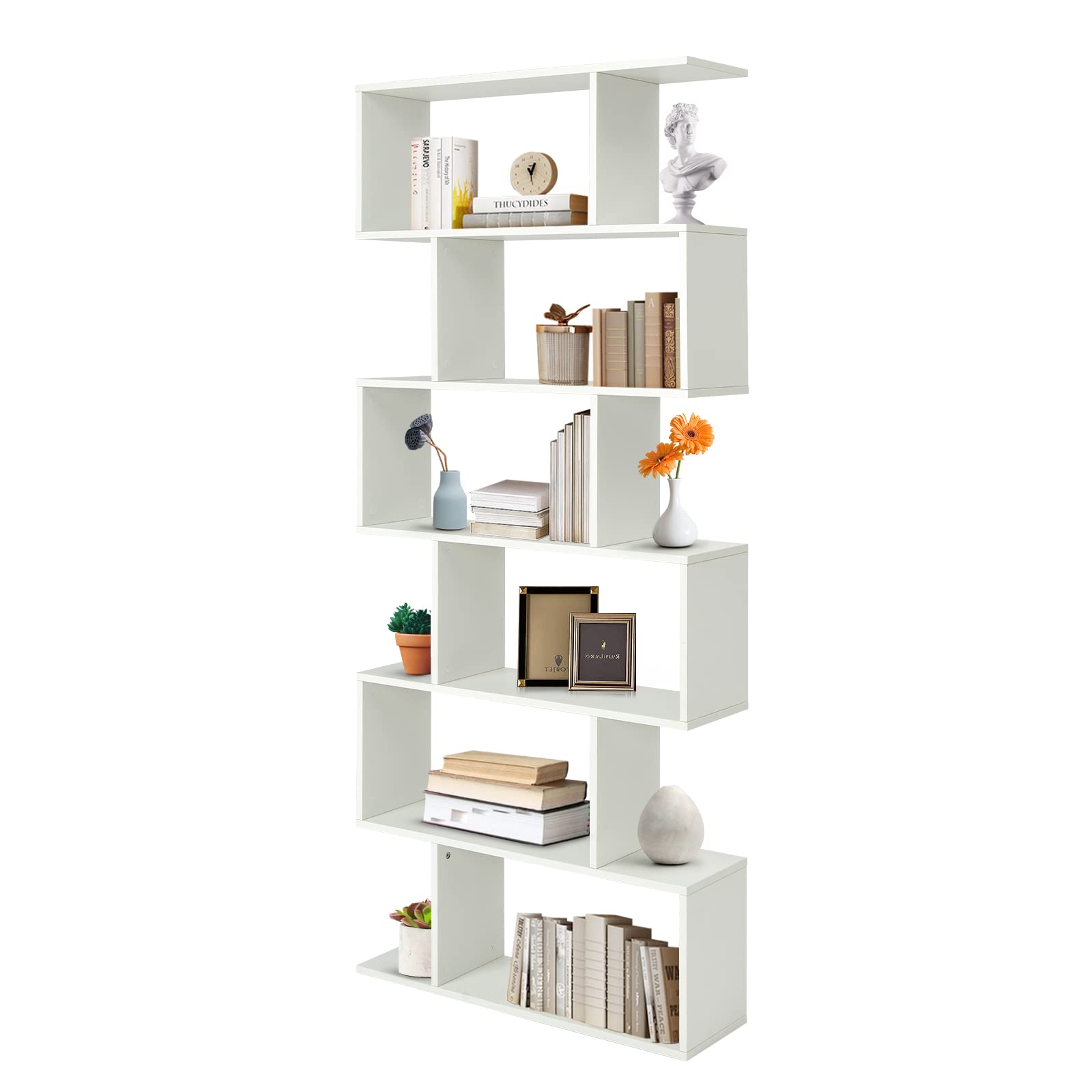 Giantex Geometric Bookcase White, S-Shaped Wooden Bookshelf, 6-Tier Modern Freestanding Decorative Storage Display Shelves for Bedroom, Living Room