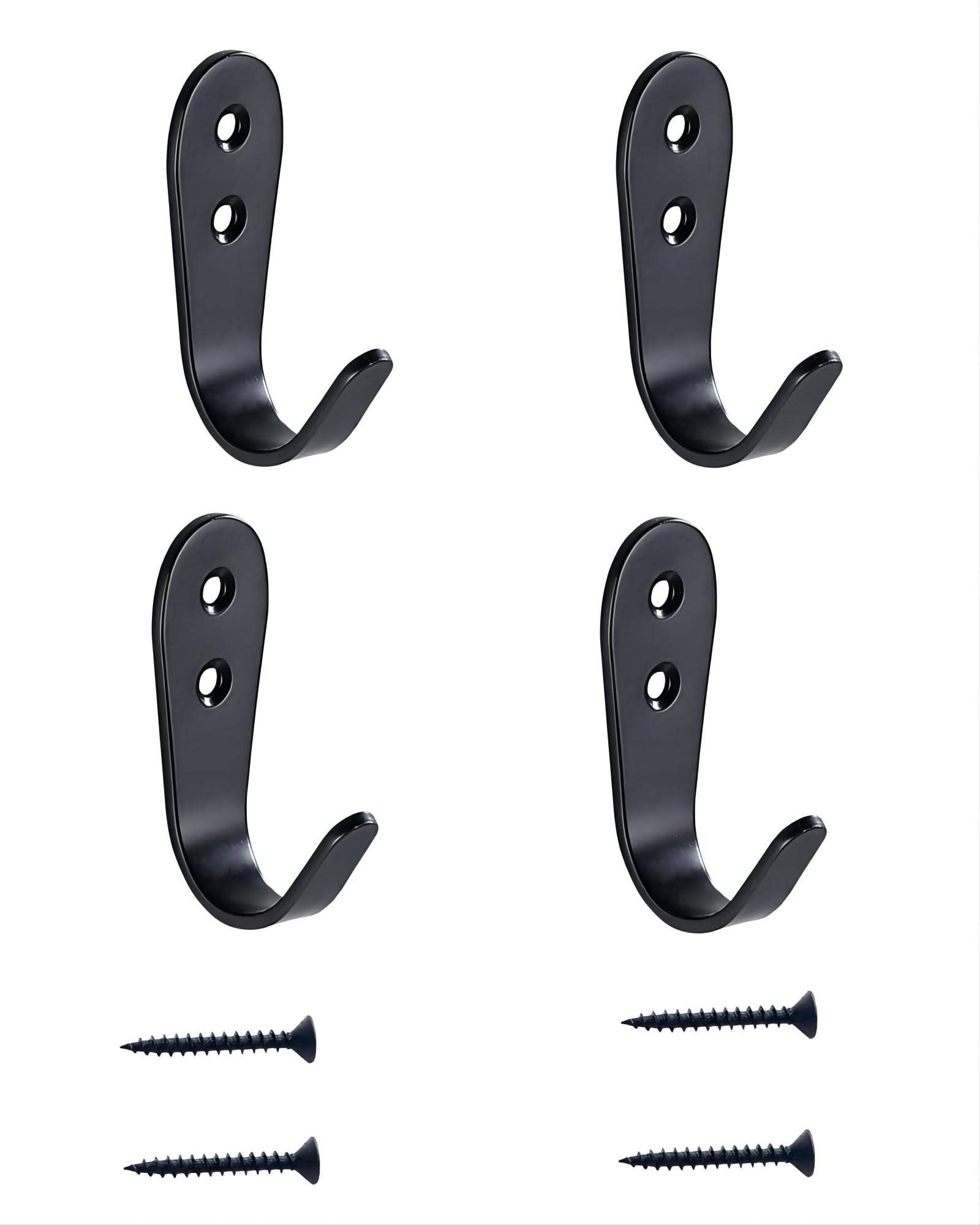 GSLSTGS 4 Pcs Black Coat Hooks for Wall, Heavy Duty Hooks for Hanging Coats No Rust Hooks Wall Mounted with Screws for Key, Towel, Bags, Cup, Hat Indoor and Outdoor (Black-4pcs)