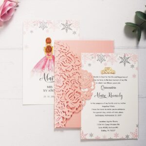 KUCHYNEE 50PCS Pink Customized Quinceanera Invitation Cards with Envelopes 5x7.3 Inch Laser Cut Hollow Rose Pocket with Ribbon invitations for Quincenera Birthday Invite