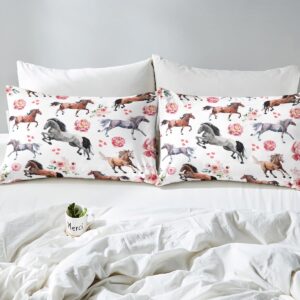 Horse Fitted Sheet Full Size Farm Western Cowboy Cowgirls Bed Sheets Kids Boys Girls Teens Pink Rose Floral Bedding Set Deep Pocket,Cute Lover Heart Kawaii Horse Microfiber Bed Cover,no Flat Top Sheet