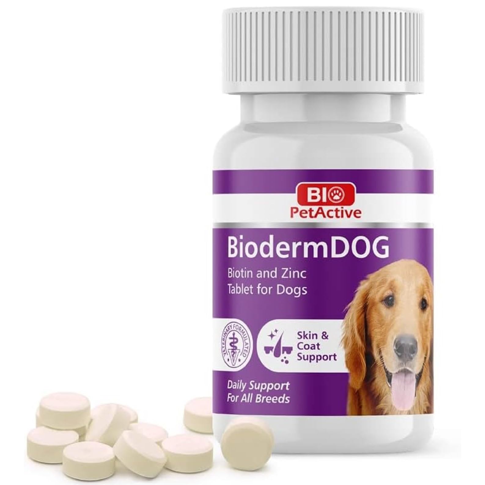 Bio Pet Active BiodermDOG 0.5 Zinc and Biotin Tablets for Dogs, Immune System, Skin, Coat and Nail Support for Dogs, 1.32 oz, 75 Chewable Tablets