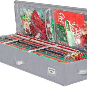 Premium Wrapping Paper Storage Container -Durable Material 600D tear-proof - Fits up to 27 Paper Rolls -Extra Pockets for Ribbons & Bows. Underbed Gift Wrap Organizer, Ideal for Holiday Christmas, etc