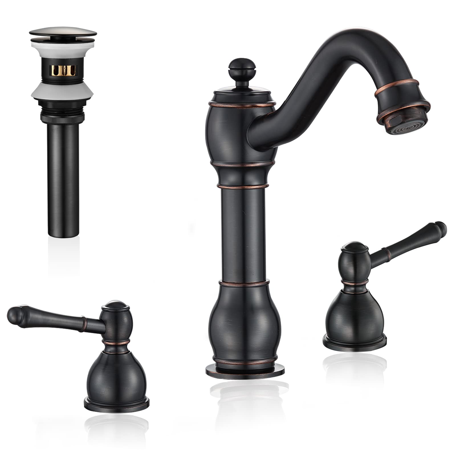 IBOFYY Black Bathroom Sink Faucet, 8 Inch Two Handle Bathroom Faucet 3 Holes Solid Brass With Metal Pop-Up Drain Assembly (Oil-Rubbed Bronze)