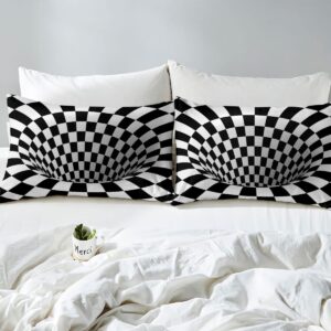 Castle Fairy Op Art Bedding Set,Black White Grid Duvet Cover for Kids Teen Boys Girls,Geometric Arrangement Comforter Cover Decorative Room,Visual Geometry Quilt Cover with 2 Pillowcases,King Size