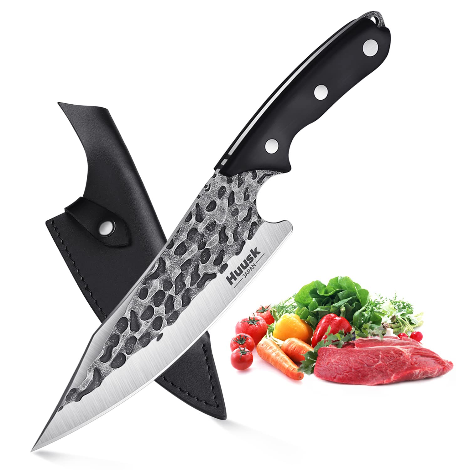 Huusk Chef Knife with Sheath Viking Knife Forged from High Carbon Steel Boning Knife for Meat Cutting Full Tang Butcher Knife Outdoor Cooking Knife for Kitchen or Camping Gifts for Dad Christmas Gift