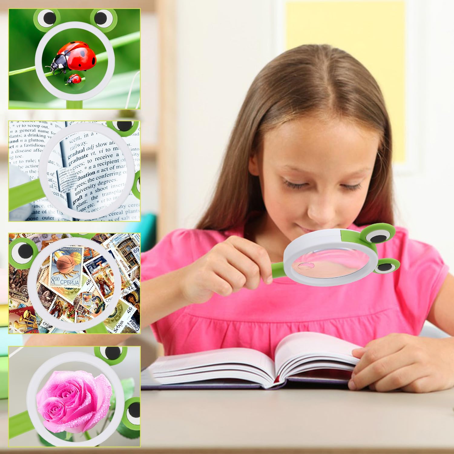 Children Handheld Magnifying Glass for Student Kids Exploring Nature, Scientific Experiment Insect Animal Plant Leaves Observation Reading (Frog Style 1Pcs)