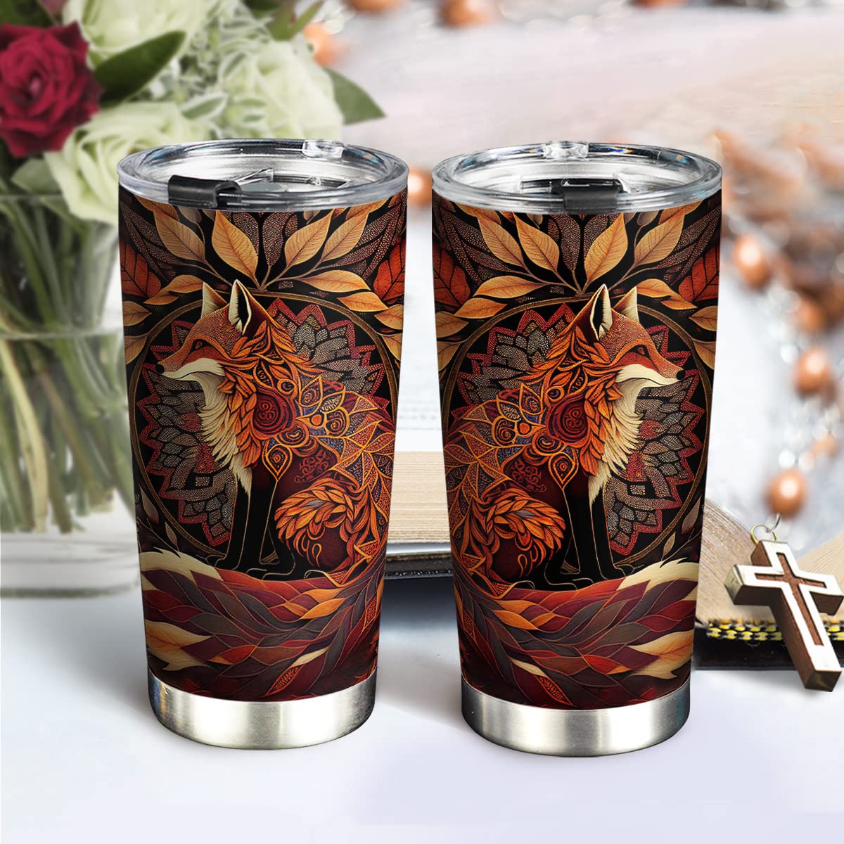 20oz Autumn Fox Mandala Gifts for Fox Lovers, Gifts for Her Unique Birthday Gifts for Women, Daughter, Sister, Friends, Inspiration Gifts for Women, Fox Tumbler Cup, Travel Coffee Mug with Lid