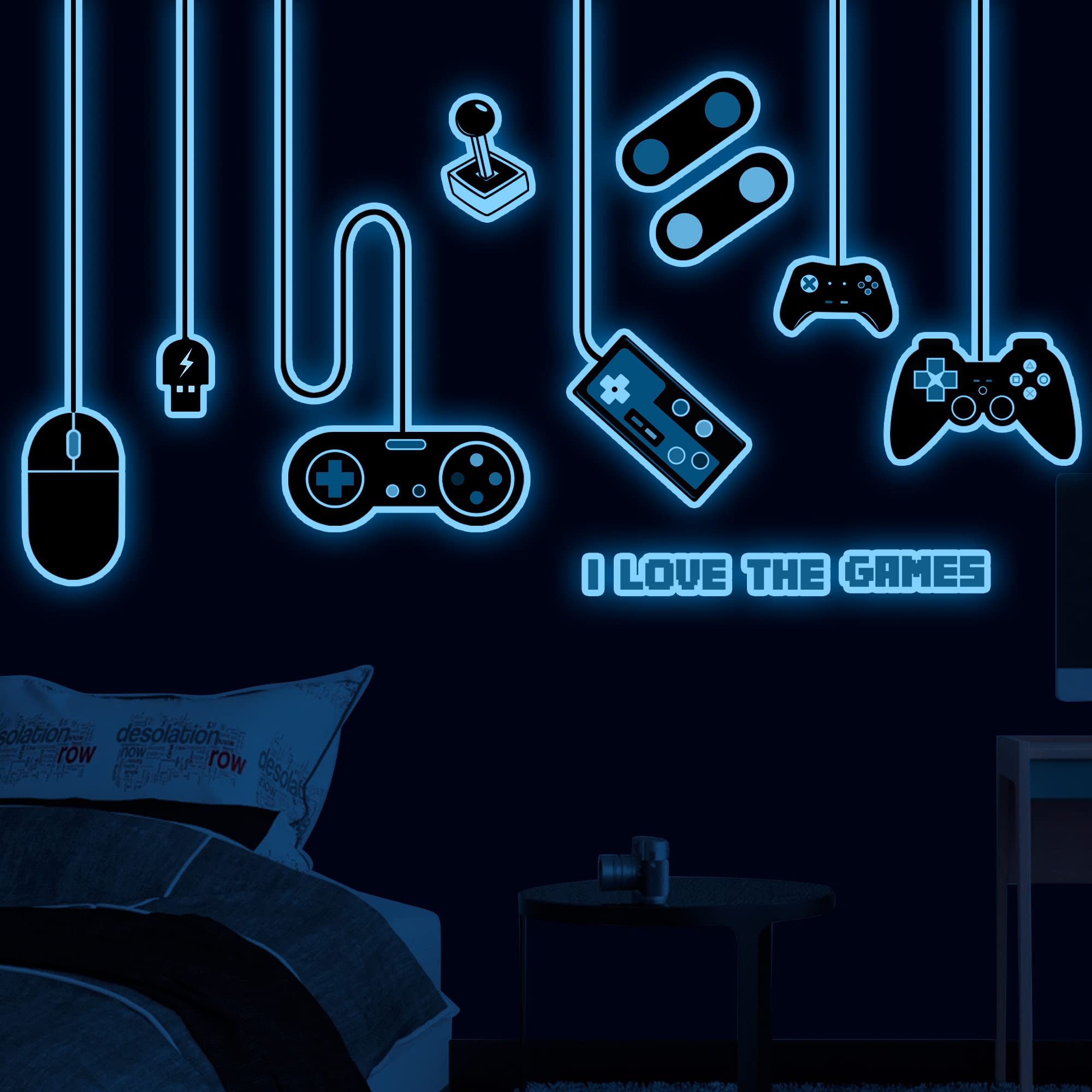 Game Wall Decals Glow in The Dark Gamer Wall Decals Gaming Wall Stickers Game Room Decor Glow Gaming Controller Sticker Removable Video Game Wall Decor for Boys Kids Girls Bedroom Playroom Home Decor