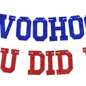 Woohoo You Did It Banner - Congrats Grad Sign, So Proud of You, 2025 High School/College Graduation Party Decorations Supplies, Blue and Red Glitter