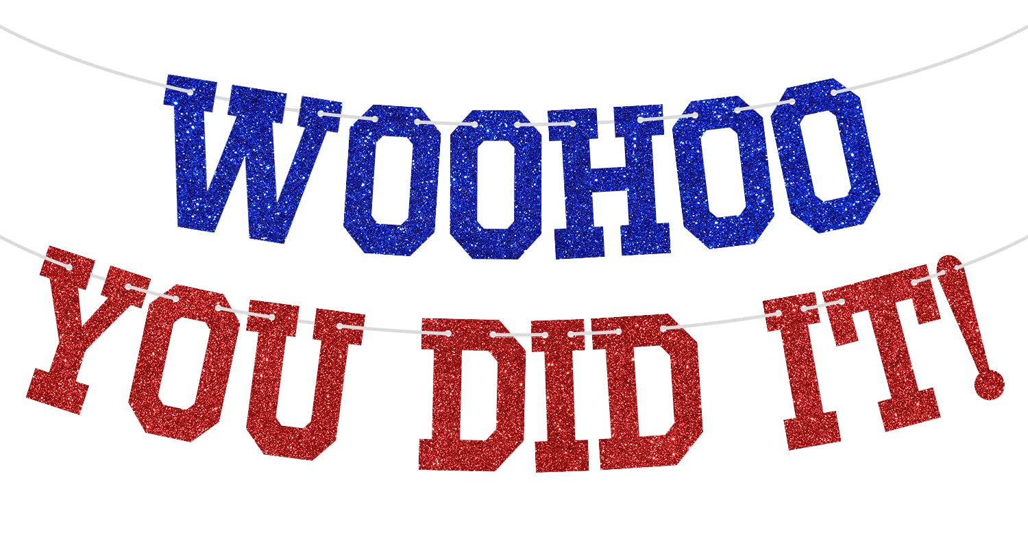 Woohoo You Did It Banner - Congrats Grad Sign, So Proud of You, 2025 High School/College Graduation Party Decorations Supplies, Blue and Red Glitter