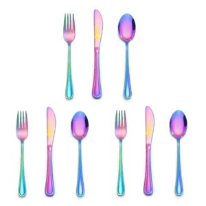 lianyu 9-piece rainbow kids silverware set, stainless steel toddler utensils flatware set, child cutlery tableware set for 3, include knife fork spoon, mirror finished, dishwasher safe