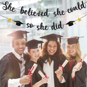 2024 Graduation Banner, Glittery She Believed She Could So She Did Banner Garland Photo Props Banner for Party Home Classroom Decorations… (Black)