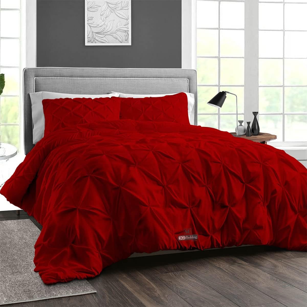 SGI bedding 3 Piece Duvet Cover Oversized Queen Size, Pinch 600 TC, 100% Cotton Sateen,1 Duvet Cover with 2 Pillows Covers,with Zipper Closure & Corner Ties, Soft,Cooling & Breathable - Blood Red