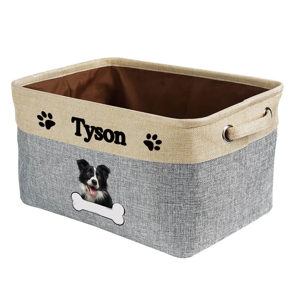 MALIHONG Personalized Dog Border Collie Bone Decorative Storage Basket Fabric Rectangle Toy Box with 2 Handles for Organizing Closet Garage Clothes Blankets Grey and White