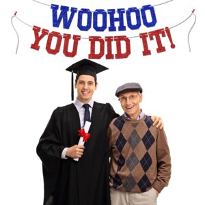 Woohoo You Did It Banner - Congrats Grad Sign, So Proud of You, 2025 High School/College Graduation Party Decorations Supplies, Blue and Red Glitter