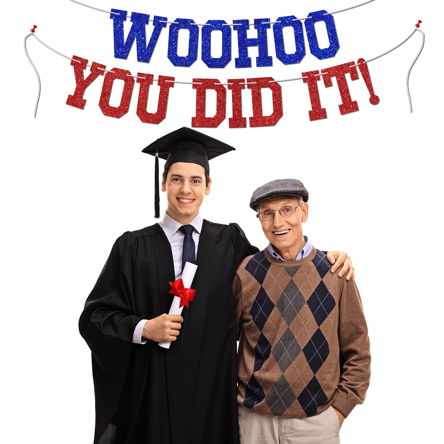 Woohoo You Did It Banner - Congrats Grad Sign, So Proud of You, 2025 High School/College Graduation Party Decorations Supplies, Blue and Red Glitter