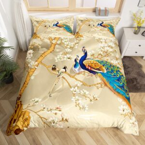 Feelyou Peacock Comforter Cover Set Peacock with Floral Bedding Set for Kids Adults Girls Animals Duvet Cover Botanical Bedspread Cover 1 Duvet Cover with 2 Pillowcases Queen Size (No Comforter)