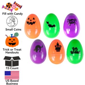 Iconikal 72-Count Halloween Eggs - Durable Plastic Holiday Treat Containers in Orange, Neon Green, and Purple Featuring 6 Different Fun Designs (2.3 x 1.6)