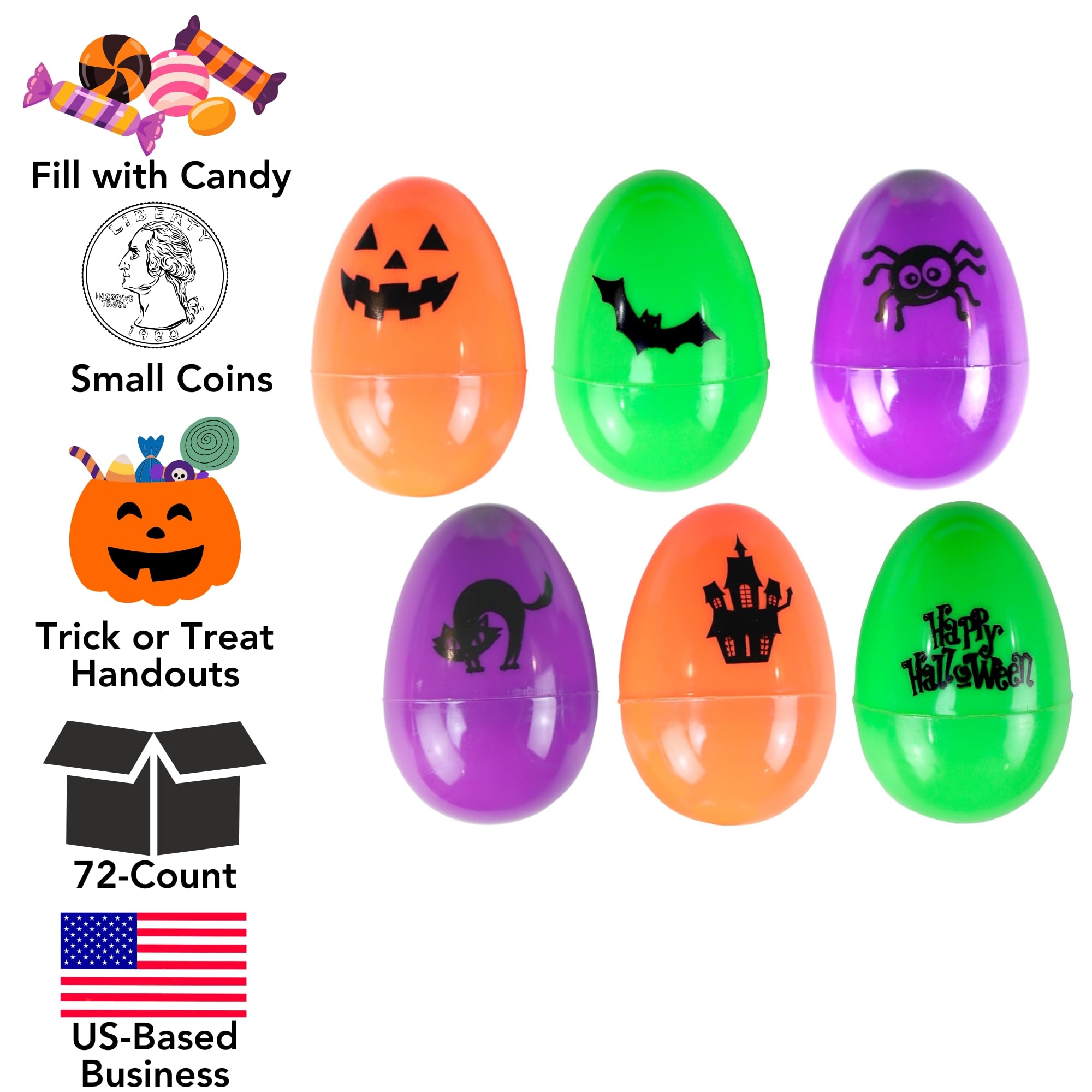 Iconikal 72-Count Halloween Eggs - Durable Plastic Holiday Treat Containers in Orange, Neon Green, and Purple Featuring 6 Different Fun Designs (2.3 x 1.6)