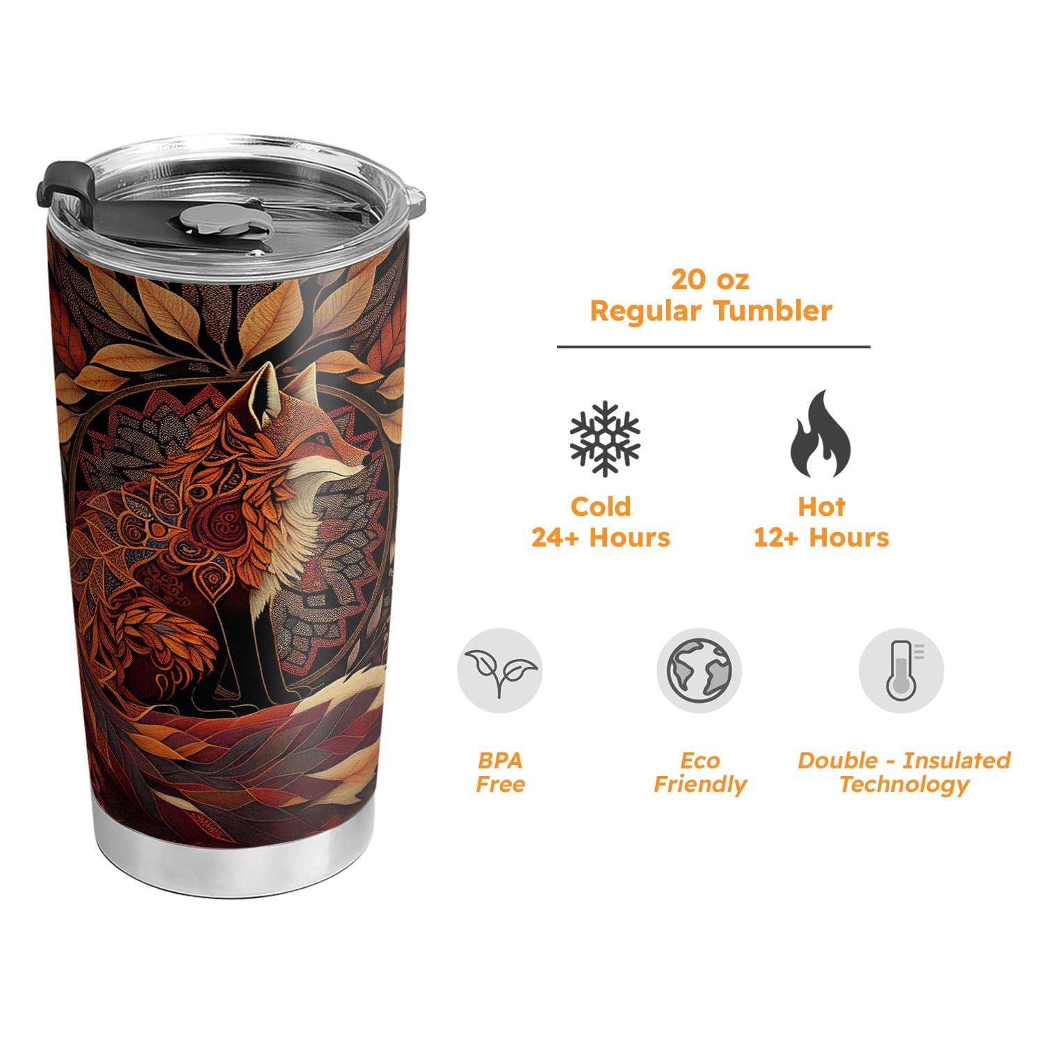 20oz Autumn Fox Mandala Gifts for Fox Lovers, Gifts for Her Unique Birthday Gifts for Women, Daughter, Sister, Friends, Inspiration Gifts for Women, Fox Tumbler Cup, Travel Coffee Mug with Lid