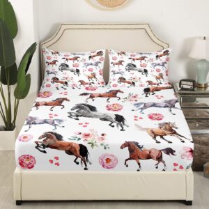 Horse Fitted Sheet Full Size Farm Western Cowboy Cowgirls Bed Sheets Kids Boys Girls Teens Pink Rose Floral Bedding Set Deep Pocket,Cute Lover Heart Kawaii Horse Microfiber Bed Cover,no Flat Top Sheet