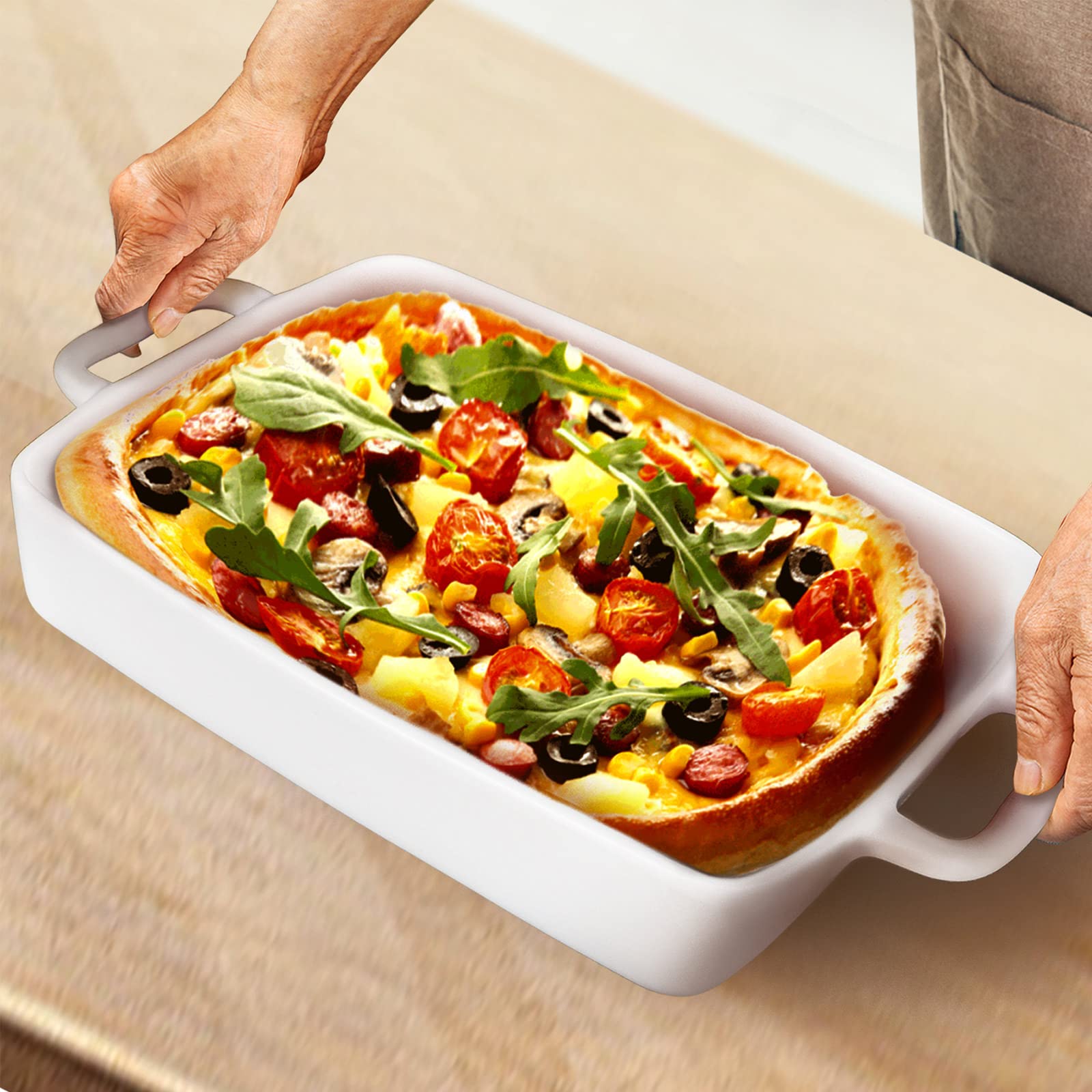 FLORWOD Large Baking Dish 9x13 Oven Dish Baking Lasagna Pan with Handles, White Porcelain Casserole Dish Oven Safe for Cake, Banquet and Daily Use, 4 Quart