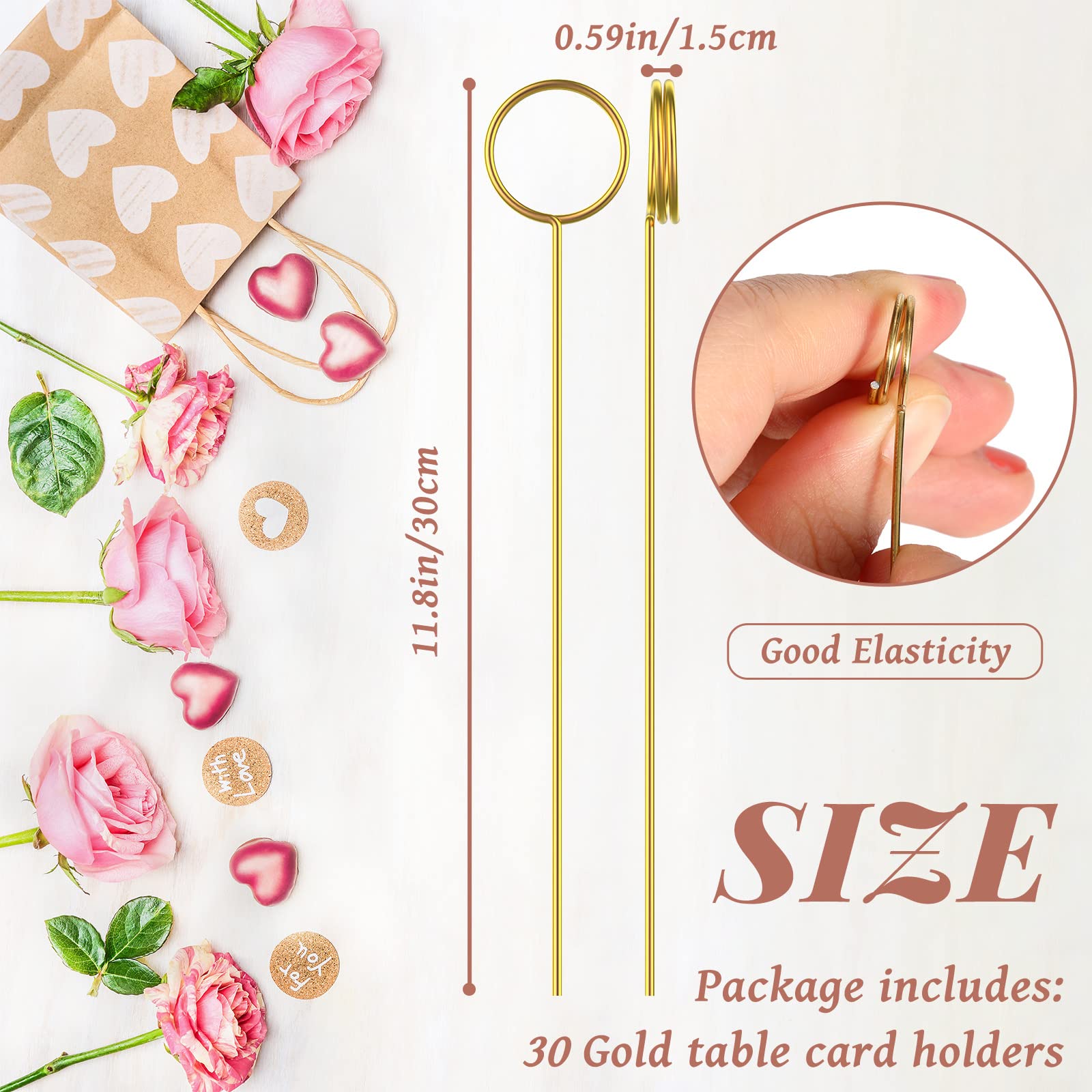 60 Pcs Metal Wire Floral Place Card Holder 11.81 inches Round Gold Photo Clip Floral Card Holder Picks Flower Ring Loop Card Holder for Wedding Party Birthday Office ​Cake Party Favor