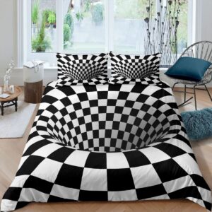 Castle Fairy Op Art Bedding Set,Black White Grid Duvet Cover for Kids Teen Boys Girls,Geometric Arrangement Comforter Cover Decorative Room,Visual Geometry Quilt Cover with 2 Pillowcases,King Size