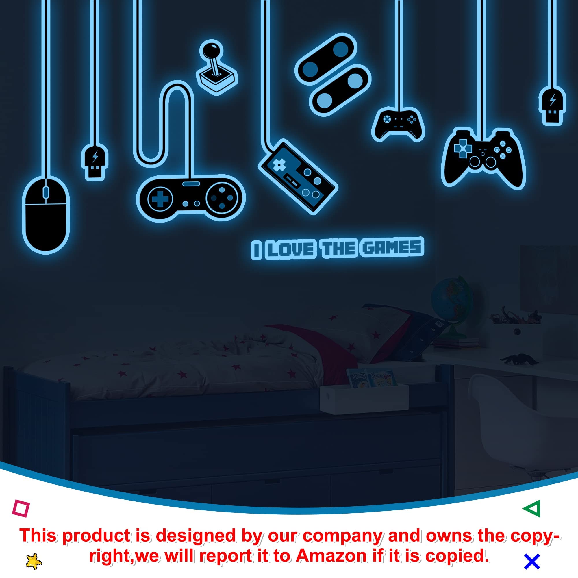 Game Wall Decals Glow in The Dark Gamer Wall Decals Gaming Wall Stickers Game Room Decor Glow Gaming Controller Sticker Removable Video Game Wall Decor for Boys Kids Girls Bedroom Playroom Home Decor