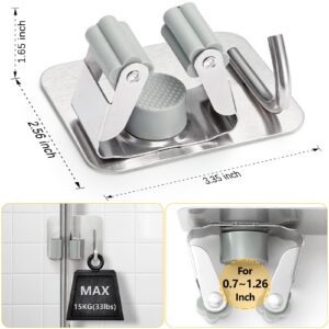 YUWANTING Stainless Steel Broom Holder, Rust Resistant, Self Adhesive, 4 Gripper Positions, 4 Hooks, Silver