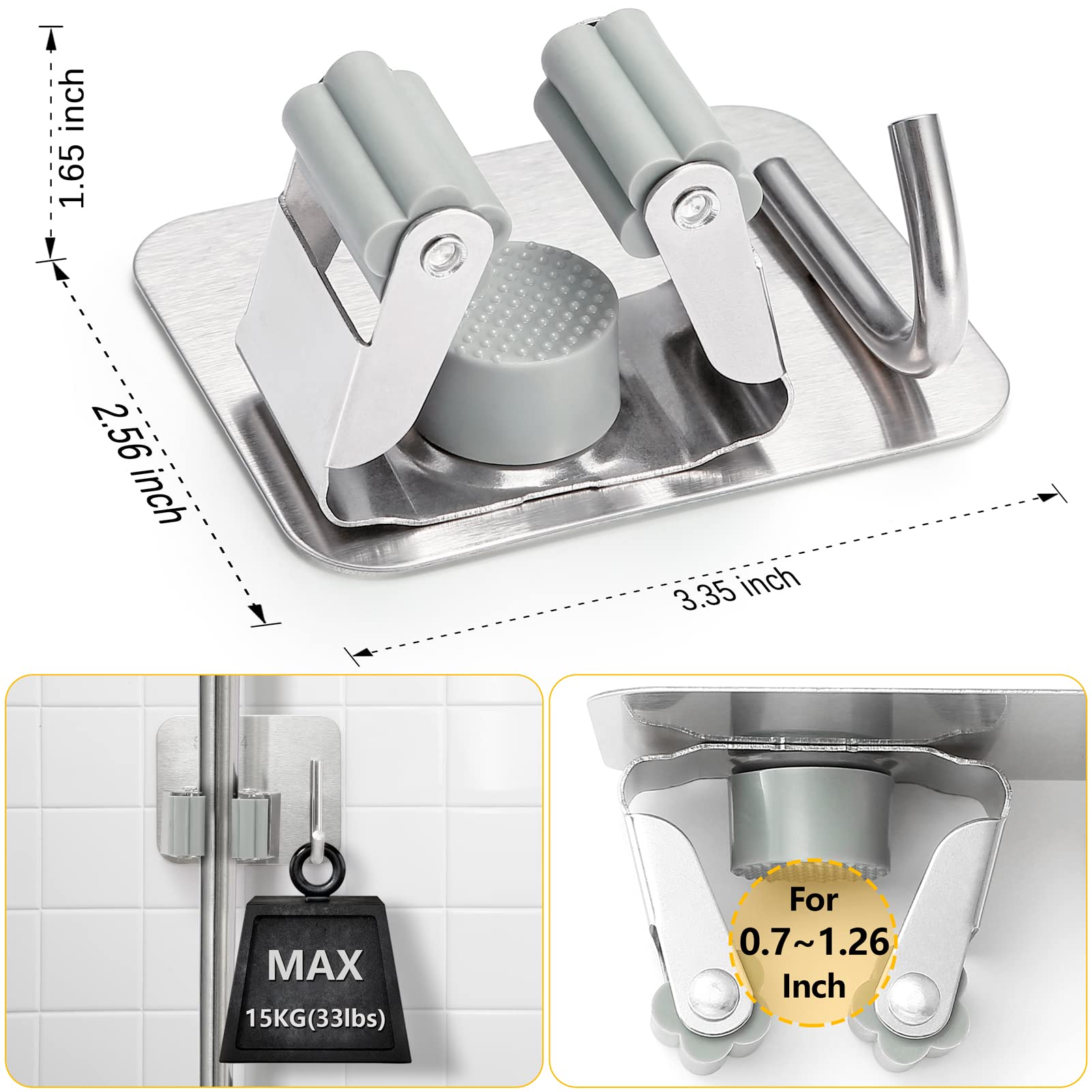 YUWANTING Stainless Steel Broom Holder, Rust Resistant, Self Adhesive, 4 Gripper Positions, 4 Hooks, Silver