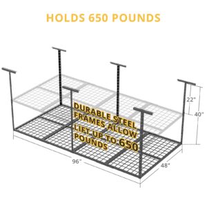 4x8 Heavy Duty Steel Overhead Garage Ceiling Storage Rack, Adjustable Ceiling Mounted Racks, Sturdy Hanging Garage Storage, 650lbs Weight Capacity, 42 in. H x 96 in. W x (22-40 Dropdown), Black