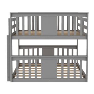 Harper & Bright Designs Full Over Full Low Bunk Bed with Headboard and Footboard, Wooden Bunk Bed with Ladder, for Toddlers Kids Boys Girls - Gray